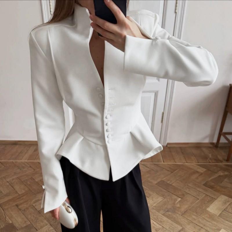 Elegant White Fitted Blazer Women 2026 Fall Winter Stand Collar A-line Hem Formal Outerwear