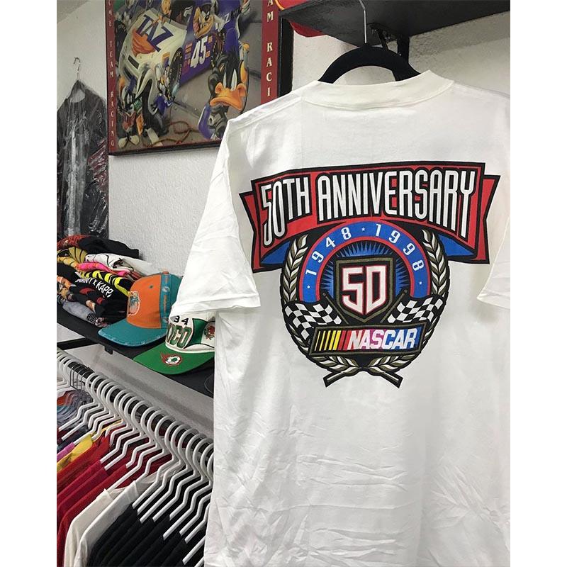 2024 NEW Nascar 50th Anniversary Peripheral Printed Short Sleeve Men's and Women's Aramco Khaki Loose Cotton T-shirt