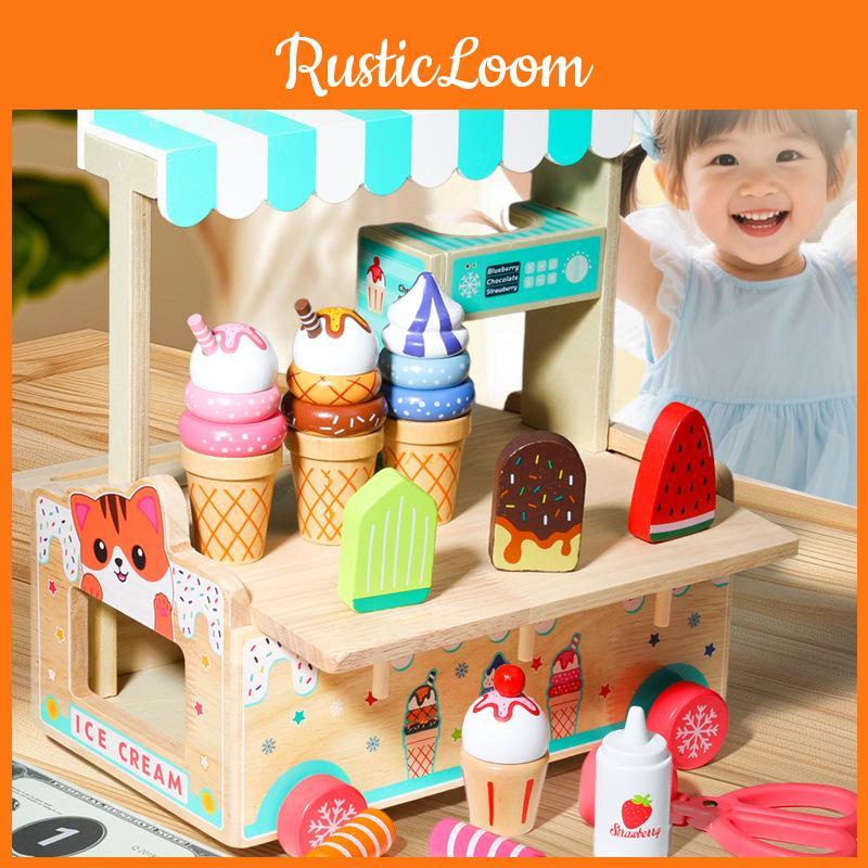 Wooden Simulation Ice Cream Cart Children Role Playing Toy Set For Play Imagine