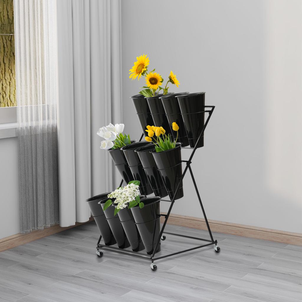 3 Tiers Iron Flower Stand W/12 Plastic Flower Buckets ,Suitable for Organizing and Displaying Potted Plants