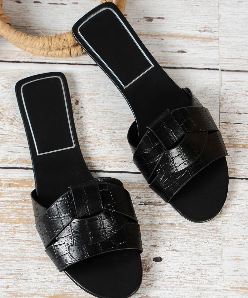 

Женские новые тапочки на плоской подошве, тканые, удобная женская обувь, повседневные тапочки на нижней части, женская обувь, летняя 35 чёрный