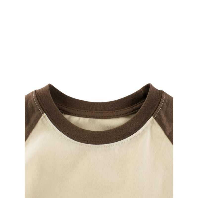Spring and Autumn Long-Sleeved T-Shirts for Boys and Girls, Round Neck Patchwork Sleeve Tops, Solid Color Plain Bottoming Shirts for Older Children