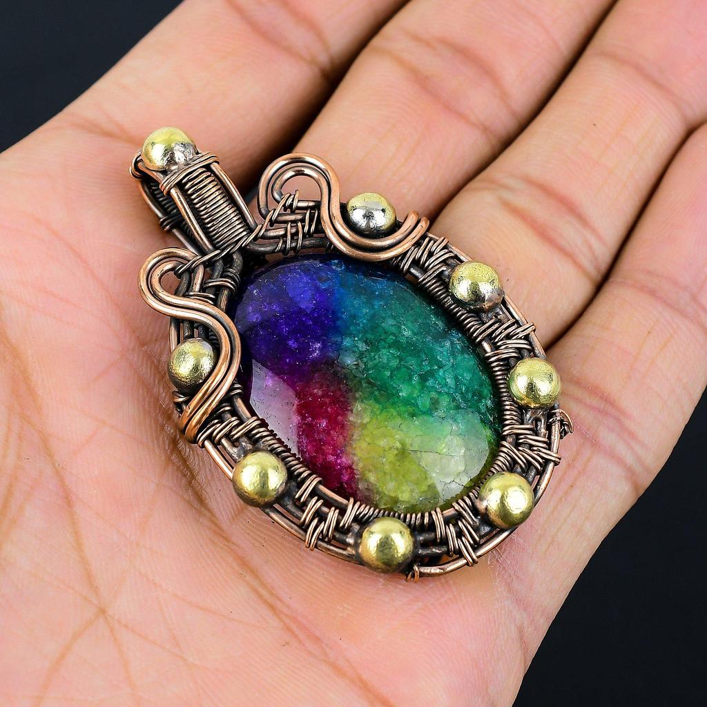 Rainbow Solar Quartz Gemstone Pure Copper Wire Wrapped Handmade Pendant Jewelry