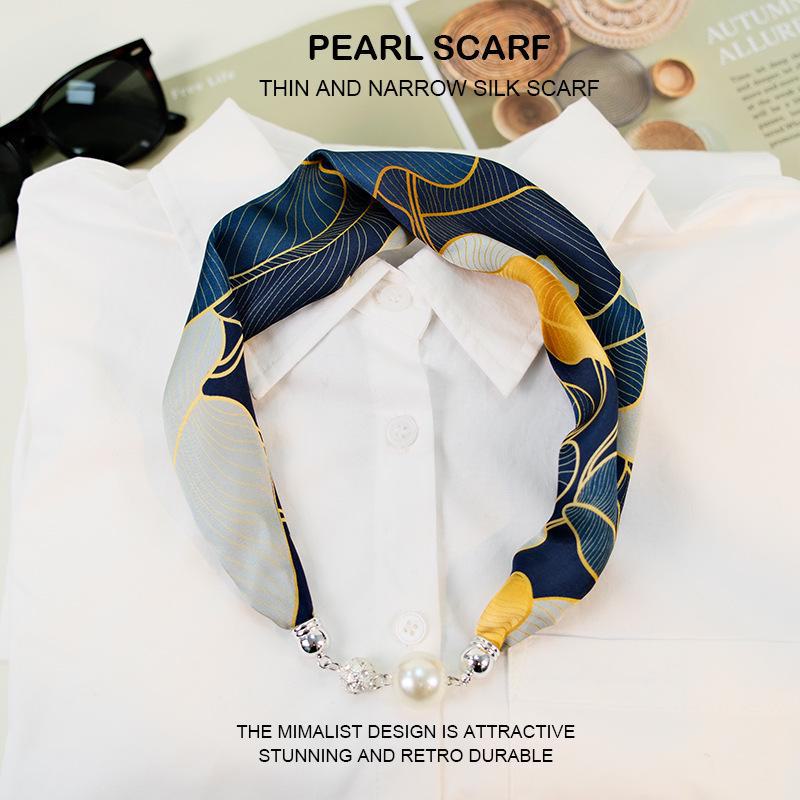 Elegant Silk Scarf with Magnetic Buckle and Pearl Necklace - Stylish Clavicle Chain for Women