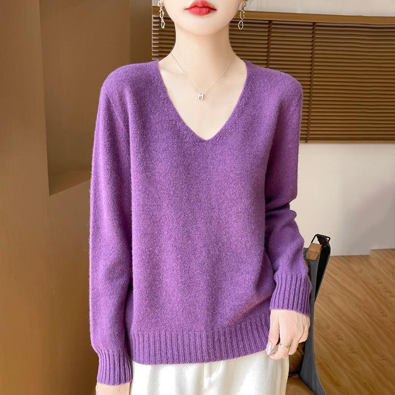 Women's V-Neck Wool Cashmere Sweater: Autumn/Winter Fashionable Long Sleeve Knit Pullover.