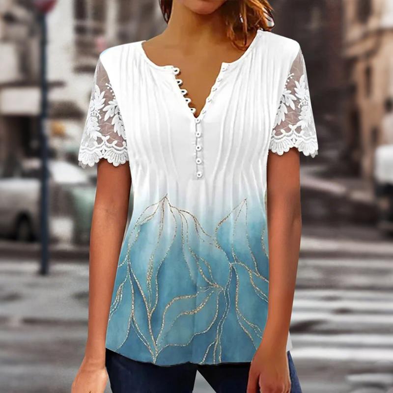 Women Summer Short Sleeve V Neck Printed T Shirt Top