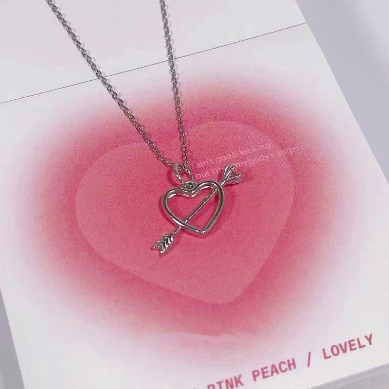 S925 Sterling Silver Cupid Love Necklace Women's Autumn and Winter New Niche Silver Jewelry One Arrow Through the Heart Pink Diamond