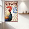 Vintage Metal Tin Sign with Red Border, White Background & Radiating Stripes - 'WELCOME to the Funny Farm' with Rooster Decor -