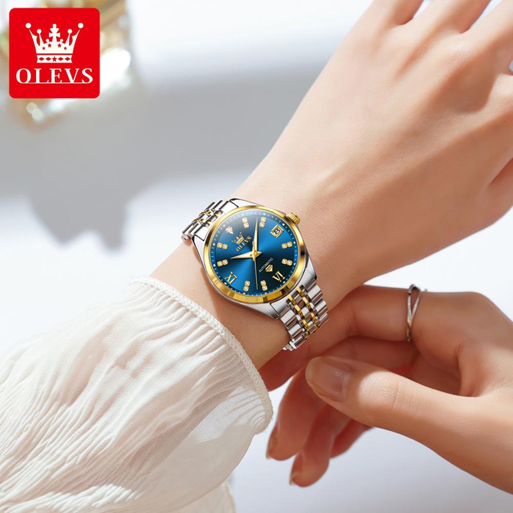 OLEVS 9801 Original Women's Watches Stainless Steel Fashion Automatic Mechanical Women Gift Luminous Ladies Wristwatch