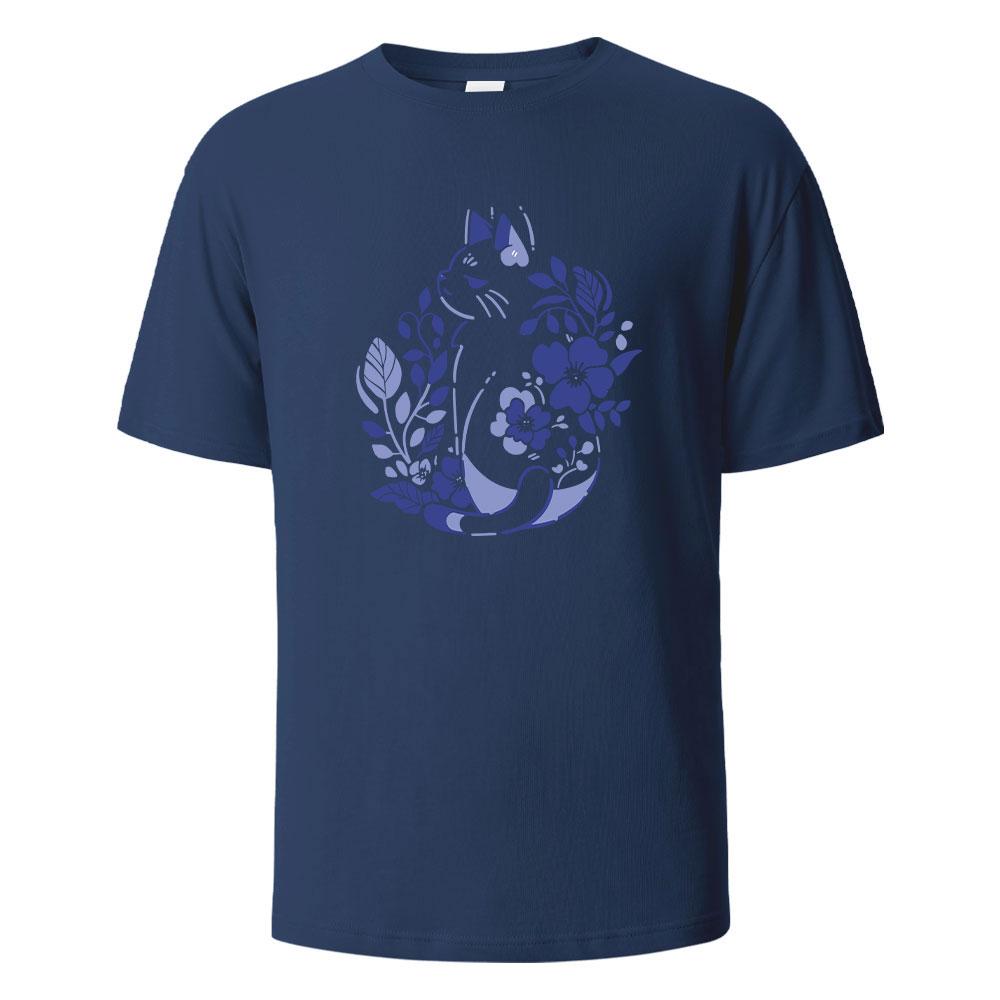 Mens Printed TShirt Blue And White Porcelain Cat Graphic 100Cotton Oneck Shortsleeved Tees For Men Women Summer Fashion Tops