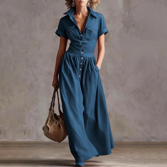 Women Casual Button Down Shirt Dress, Short Sleeve Long Western Cowgirl Dress, Summer Flowy A-Line Maxi Dress with Pockets