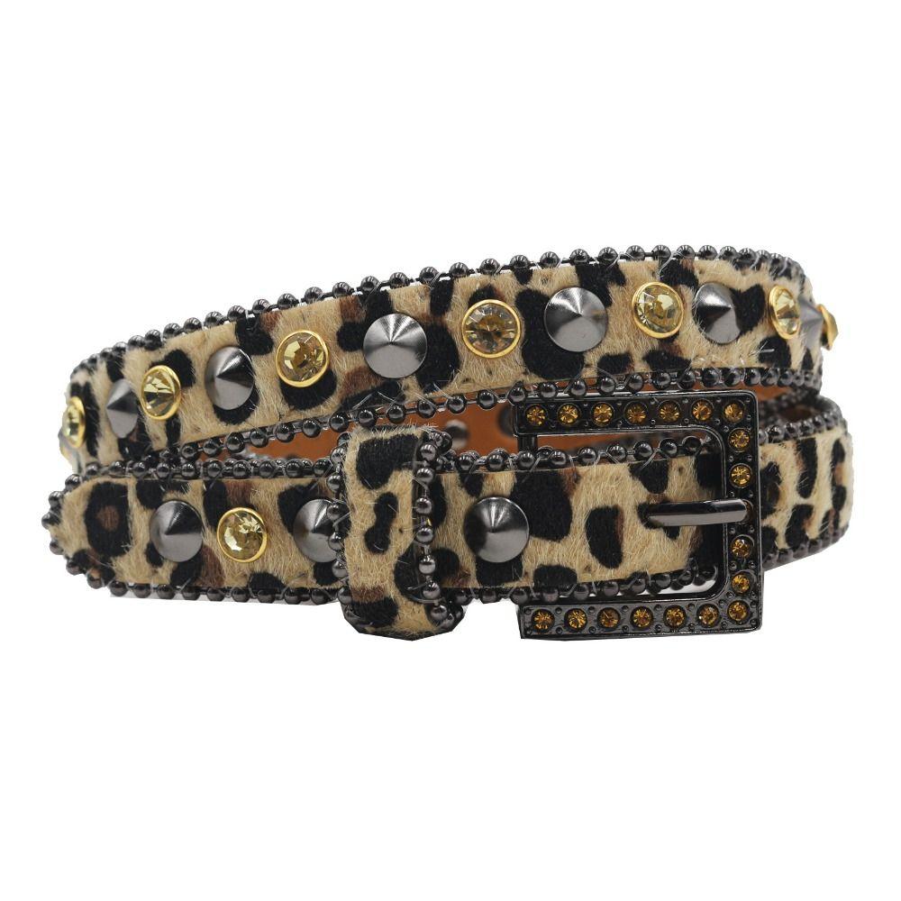Leopard Gothic Waist Belts With Shine Rhinestone Punk Waistband Leather Belt  for Women Girls