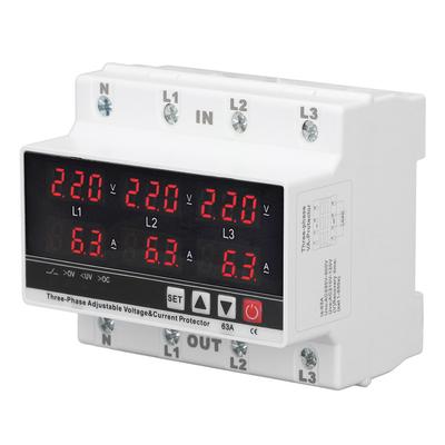 Undervoltage Protector DIN Rail Adjustable Overcurrent Protector AC120V‑300V 63A 3 Phase 3 Wire 4 Wi