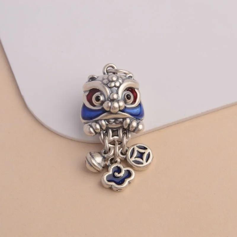 Blue Cute Small Pendant   Lion Dancing Tassel Necklace Chinese Style Copper Coin Design Banquet Couple Jewelry Gift