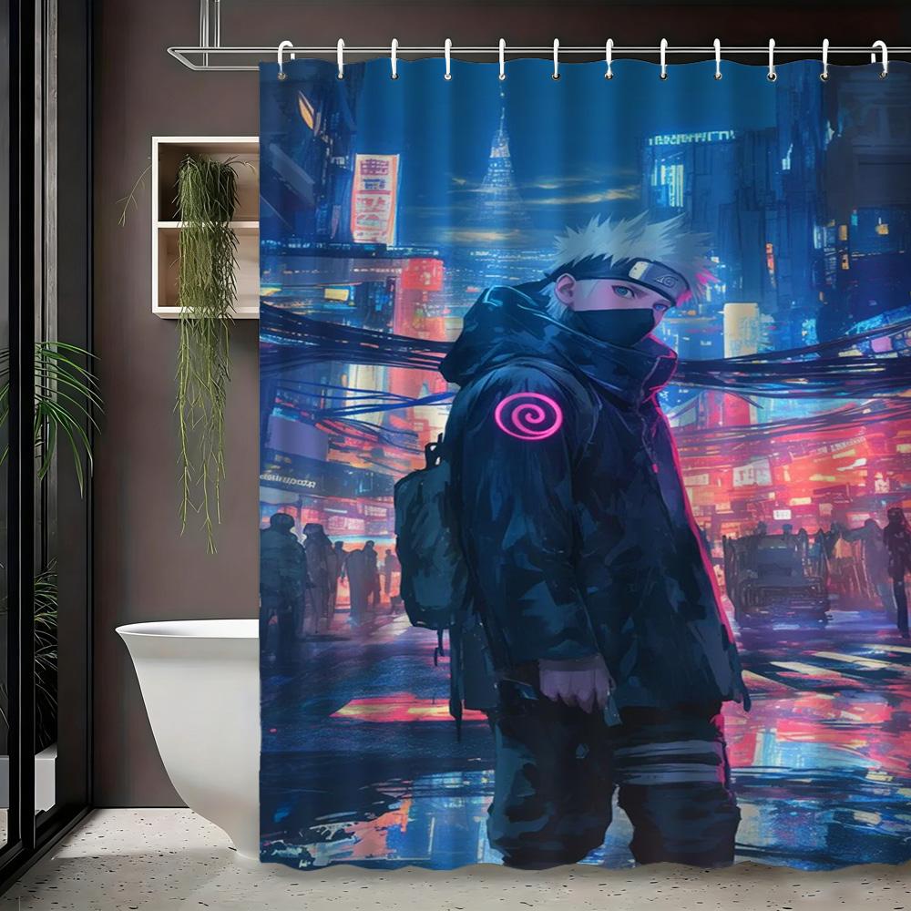 2D Flat Naruto Anime Cyberpunk Kakashi Hatake In Neon City Print Waterproof Shower Curtain For Bathroom Decor