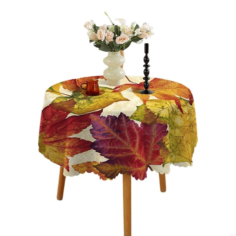 150cm Round Table Cloth Polyester Tablecloth with Pumpkin and Maple Leaves Designing for Fall Gatherings