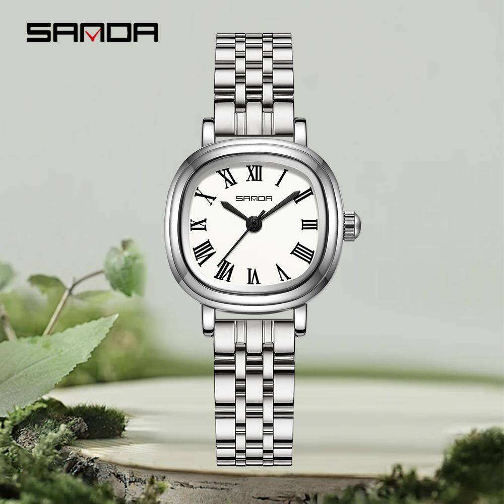 SANDA Women Quartz Watch Fashion Elegant Rose Gold Simple Roman Analog Display Stainless Steel Strap Wristwatch for Ladies