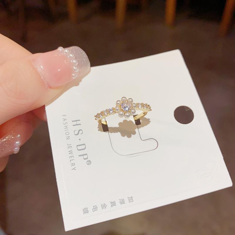 Zircon pearl flower ring women's light luxury high-end sense exquisite versatile index finger ring fashion temperament jewelry women