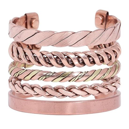 

Эксклюзивные тибетские медные регулируемые магнитные браслеты-манжеты Crocon | Набор из 5 штук | Медный браслет для женщин | Индийский узор | Унисекс | Йога | Ювелирные изделия