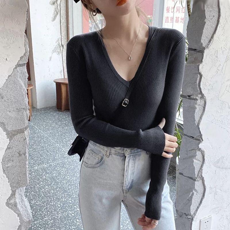 

Женский трикотаж больших размеров высокого класса с V-образным вырезом, осенне-зимний, приталенный, с длинным рукавом, базовый слой для ношения под одежду 2XL чёрный