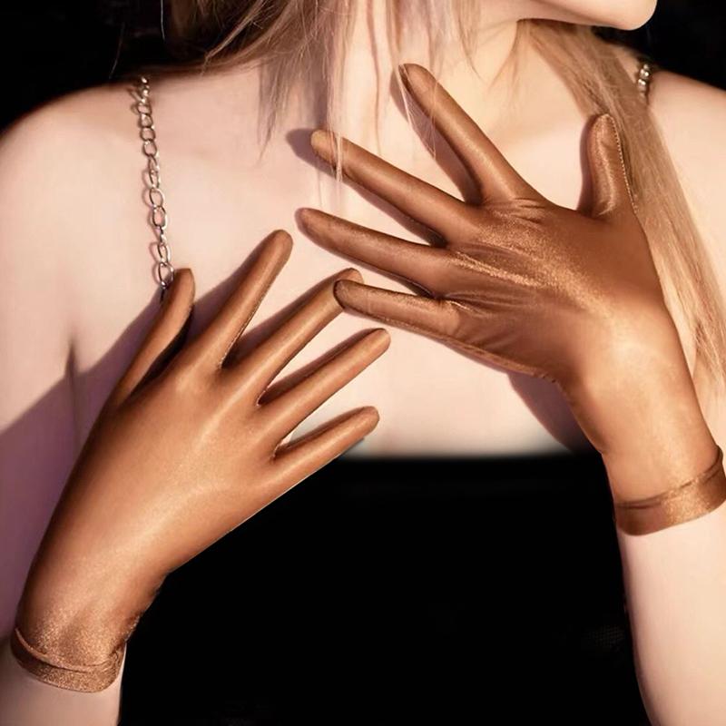 Women Oil Glossy Tight Stocking Gloves Sexy High Elastic Transparent Ultra-Thin Clubwear Short Wrist Gloves