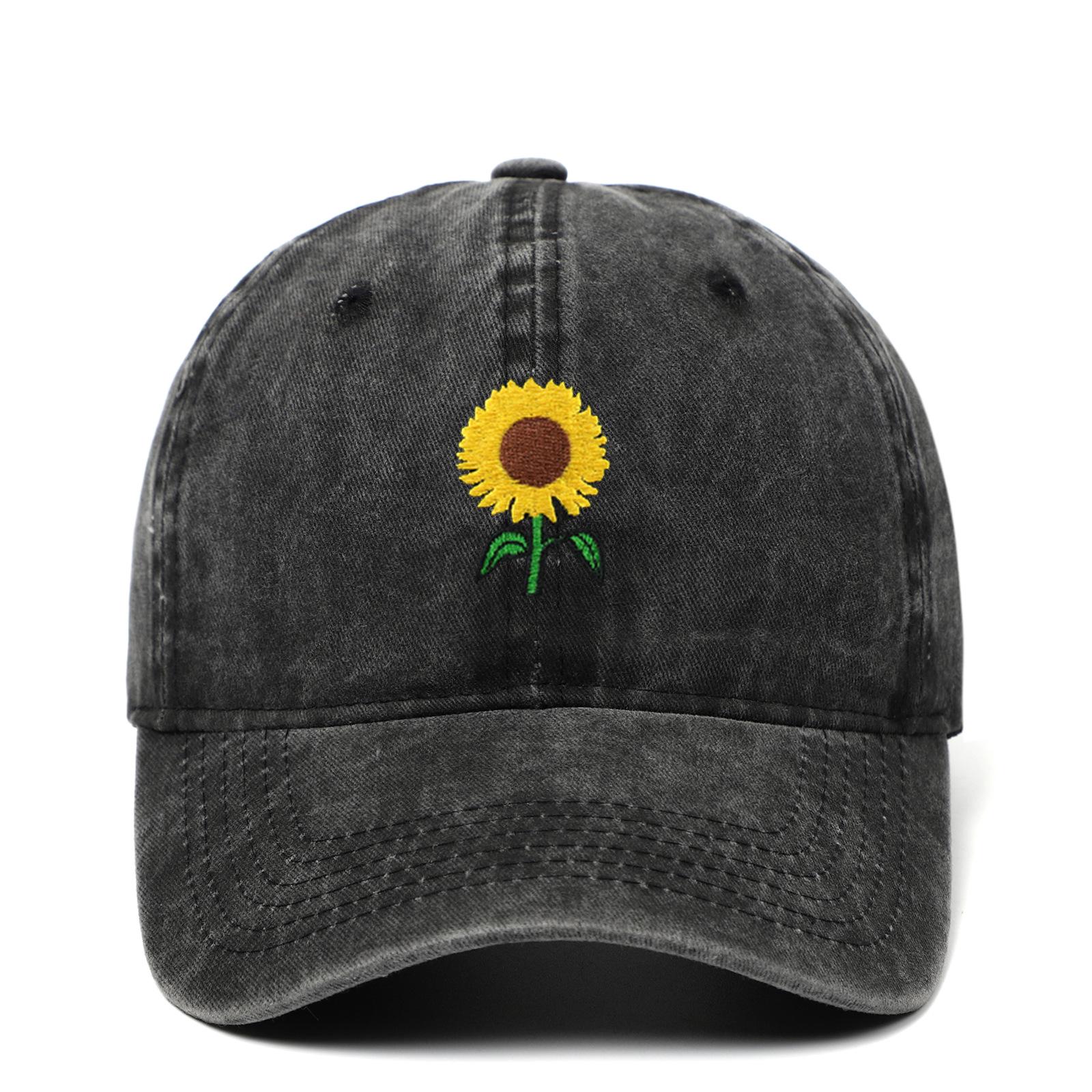 Sunflower Embroidered Duckbill Baseball Cap for Men & Women - Retro Washed Travel Hat One Size чёрный