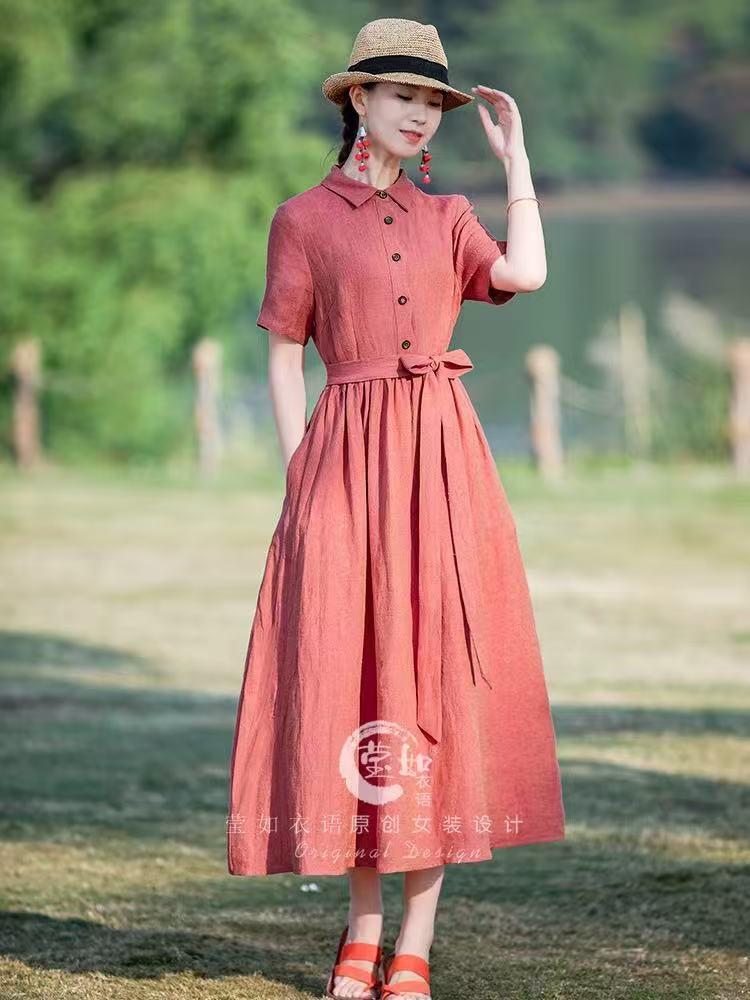 

Летнее платье 2025 года, однотонное, из хлопка и льна, женское, с воротником поло, коротким рукавом, шнуровкой на талии, темпераментное длинное платье 2XL