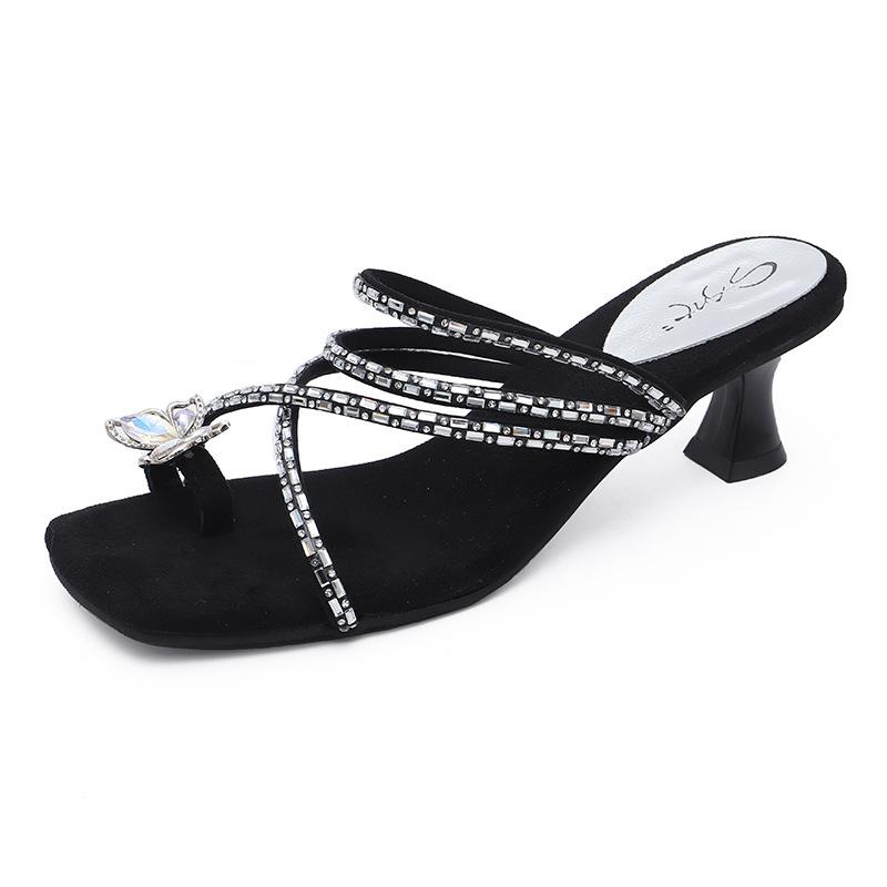Niche High-heeled Rhinestone Cool Slippers, Thick-heeled Women's Shoes, 2025 New Summer with Skirt Temperament Slippers