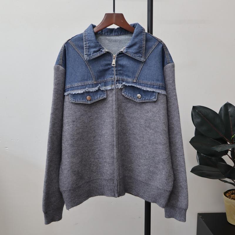 Zipper Splicing Denim Knitted Cardigan Autumn and Winter New Loose Casual Design Sweater Jacket Women