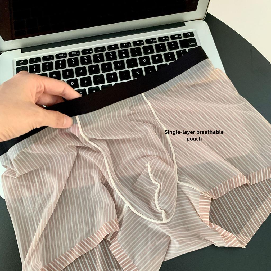Men's Spring and Summer Striped Ice Silk Quick Dry Transparent 10A Antibacterial Mid Waist Flat Angle Briefs