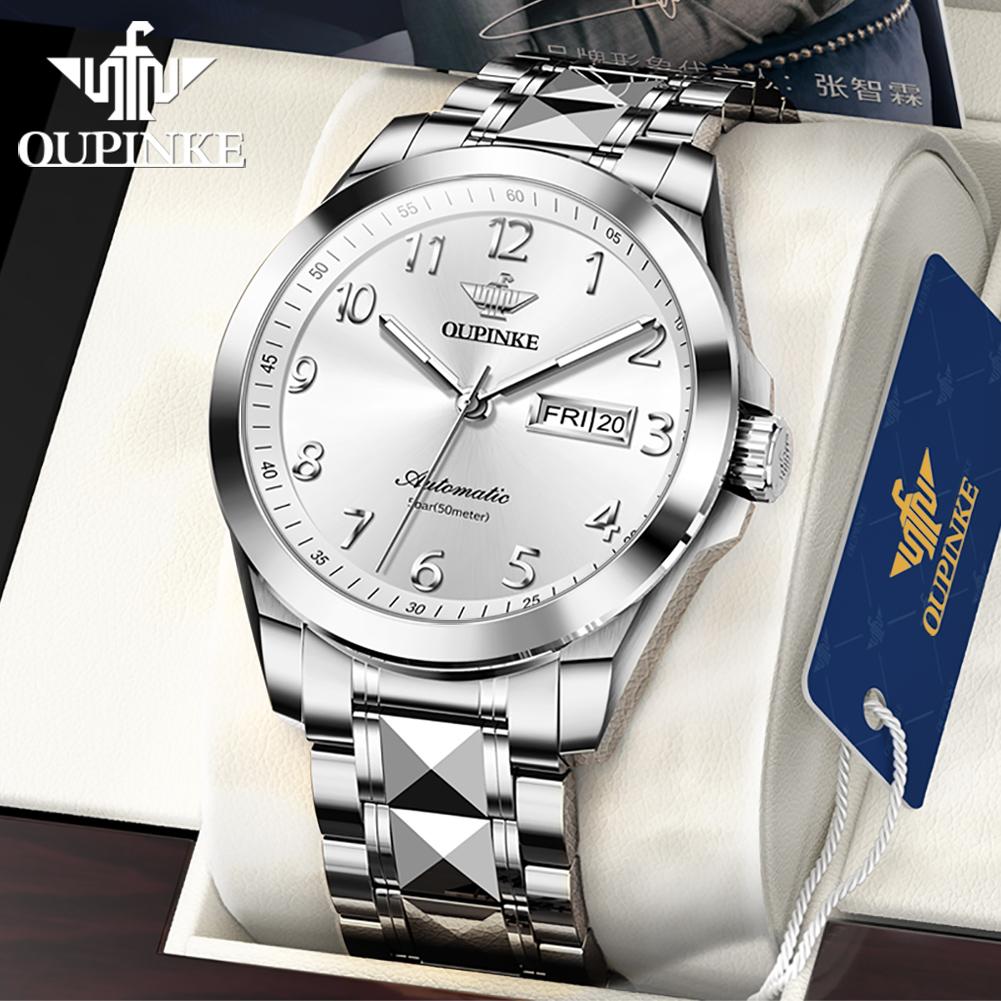 OUPINKE New Business and leisure Men's Watch Automatic Mechanical Watch Stainless Steel Business Double Calendar Anti-high-end Watch