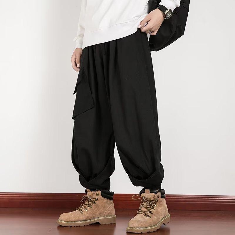 

Мужские брюки-фонарики больших размеров в японском стиле — свободный крой, широкие штанины, для осени/зимы XL чёрный