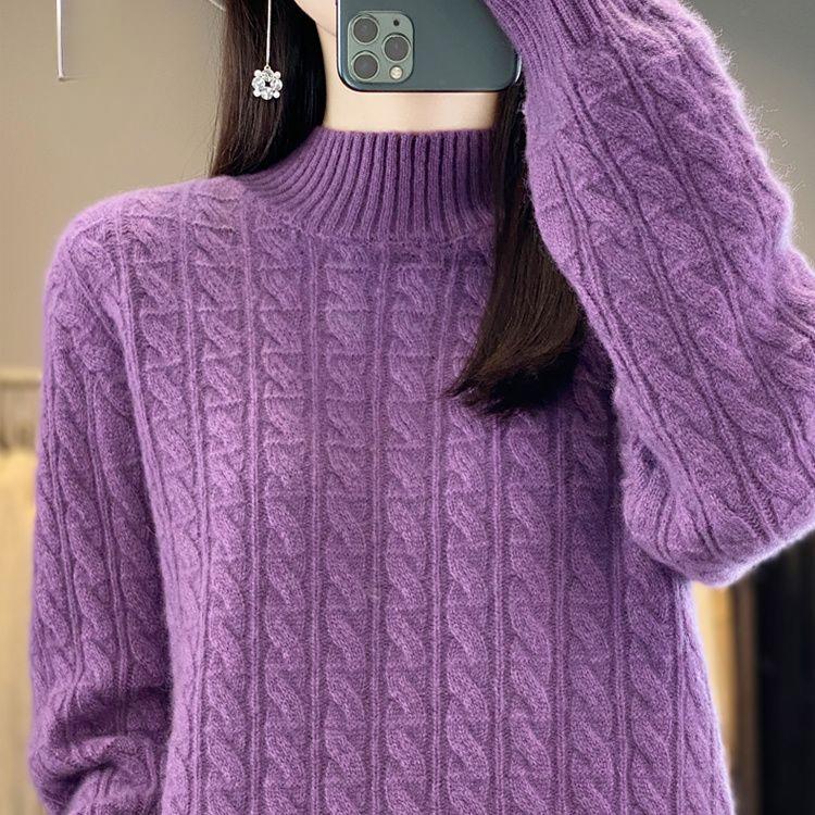 Semi-high-neck Knitted Sweater for Women Solid Color Loose Autumn and Winter Pullover Warm Sweater for Women
