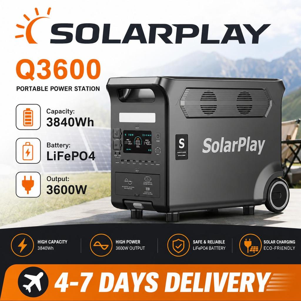 SOLARPLAY Q3600 Tragbare Powerstation 3600W/3840Wh Energiespeicher Lifepo4-Akku USV-Funktion Haus Camping Zubehör Outdoor