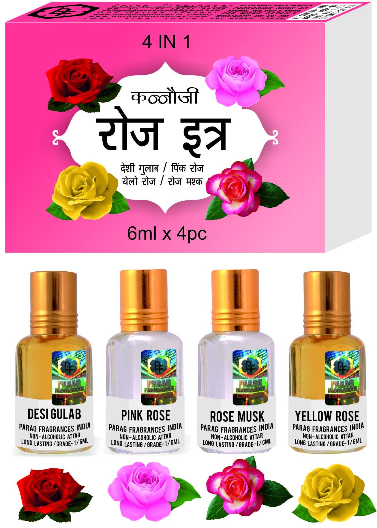 Parag Fragrances Natural & Premium Liquid Attar Gift Pack For Unisex (Rose 4x1)