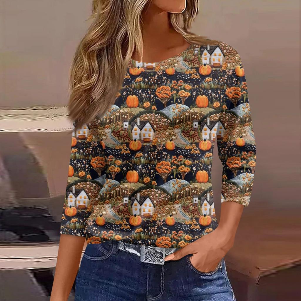 Damska Moda Casual Rękaw Trzy Czwarte Nadruk Halloween Okrągły Dekolt Top