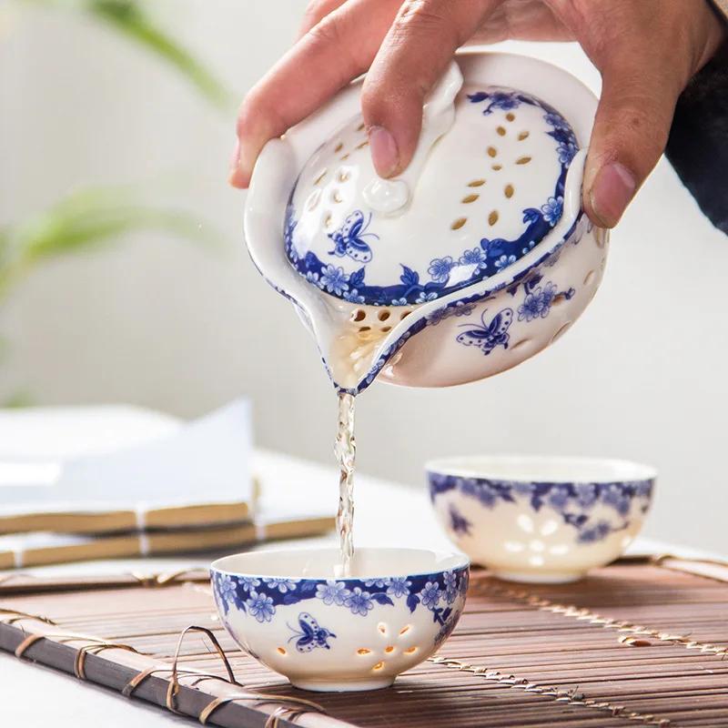 Blue and White Porcelain Travel Tea Set 1 Pot 2 Cup Coffee Teapot for Tea in a Cup Gaiwan Cups and Mugs Teacups Teeware Teware