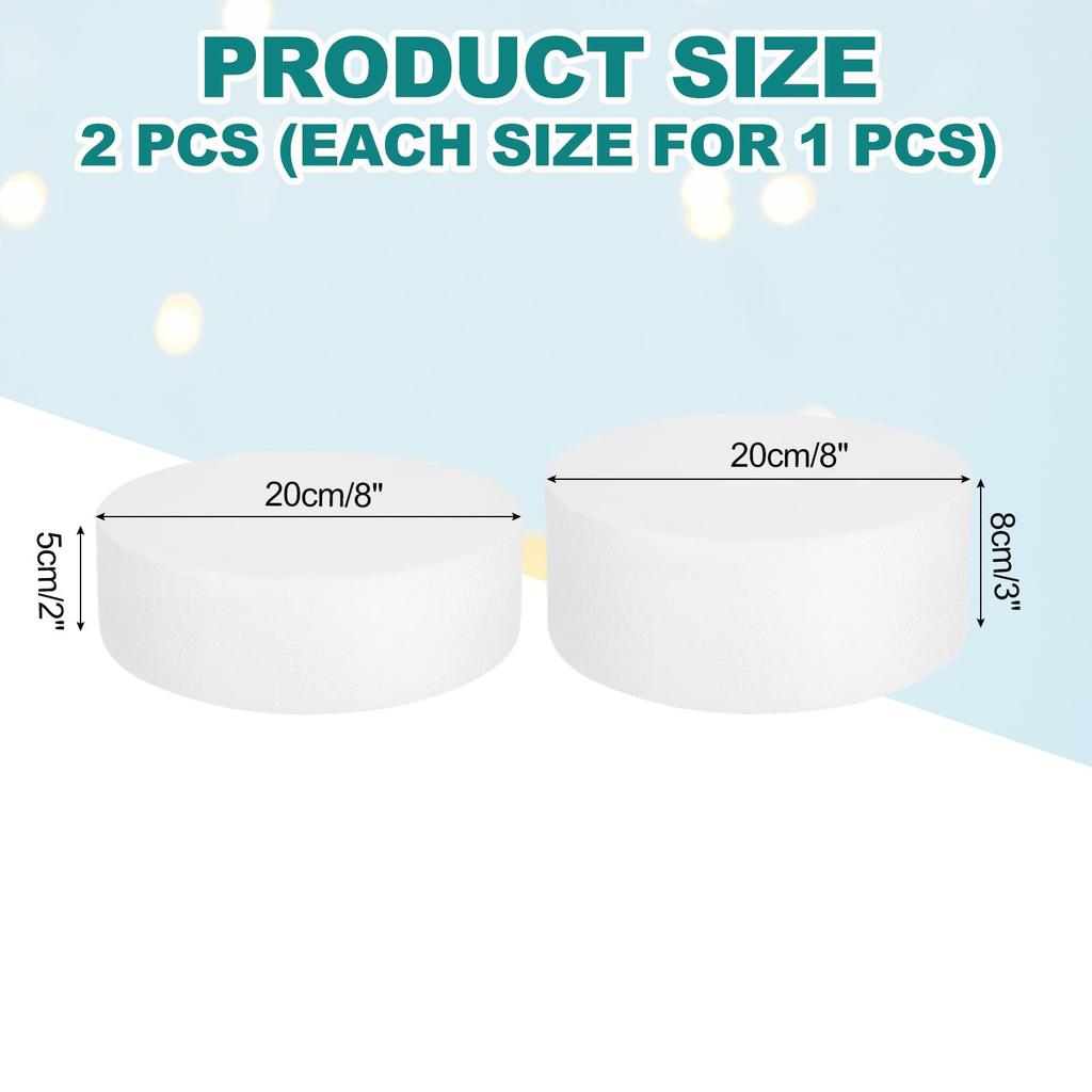 uxcell Round Foam Cake Dummy, 8 inches x 2 inches / 8 inches x 3 inches, White, Fake Cake for Wedding & Birthday Parties, Decoration & Display, 2-Pack