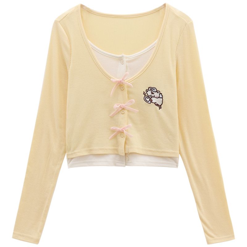 

Осенний японский милый женский наряд, вышитый бант, топ для женщин, длинный рукав, эстетичный бант, укороченный топ Y2k, милые элегантные футболки S жёлтый
