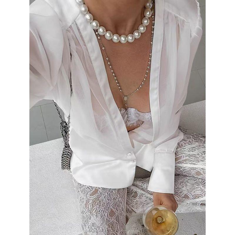 European and American Fashion New Style Sexy See-through Deep V Tencel Yarn Waist Trimming Shirt Sexy Special Shirt