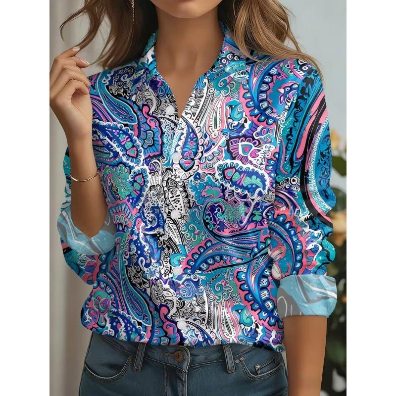 New Women's Shirts Vintage Floral Printed Spring Autumn Blouse Lapel Neck Blouse Women Long Sleeve Loose Casual Geometric Shirts