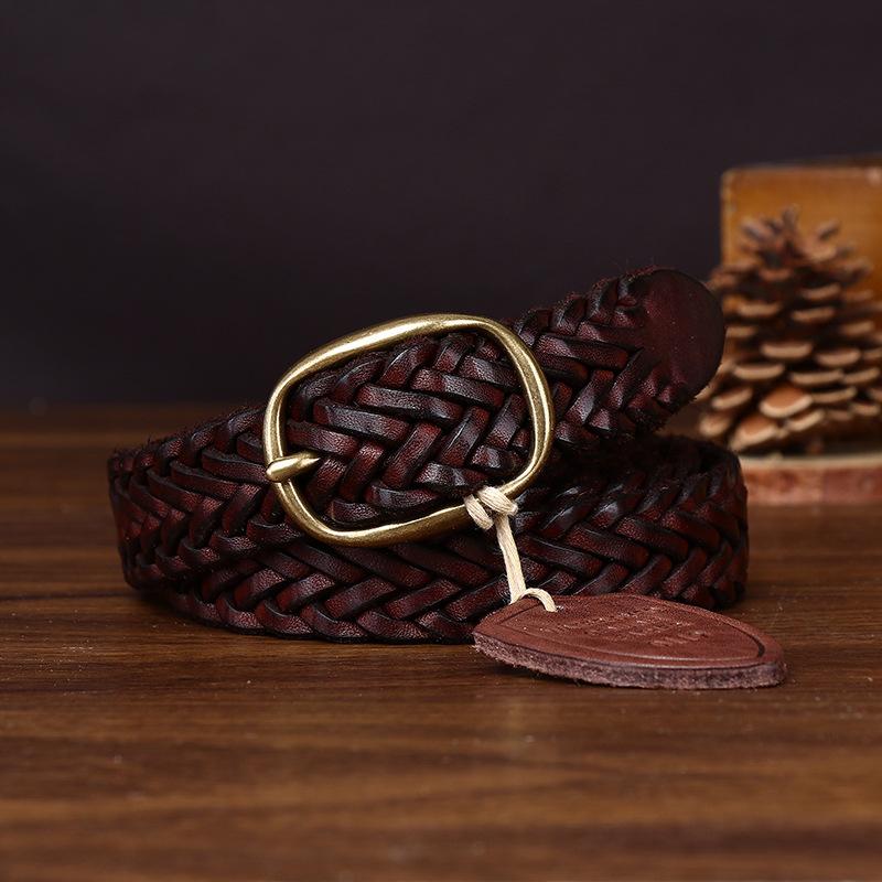 New Leather Copper Buckle Handwoven Belt Women'S Leather First Layer Cowhide Versatile Retro Woven Jeans Belt