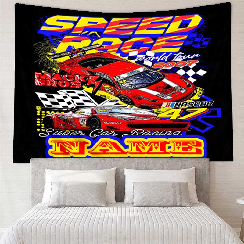 Custom Name Racing Print Tapestry, Backdrop, Easy Setup, Ideal for Bedroom, Office & Living Room, with Aesthetic Wall Hanging Decor.
