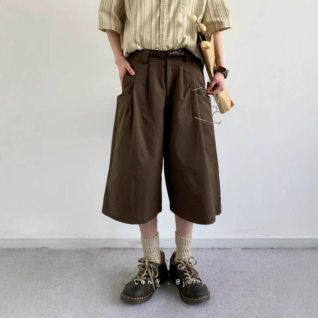 Retro Neutral Style Pants Casual Wide-leg Cropped Pants Men's Summer Loose Suit Pants Couple Straight Shorts