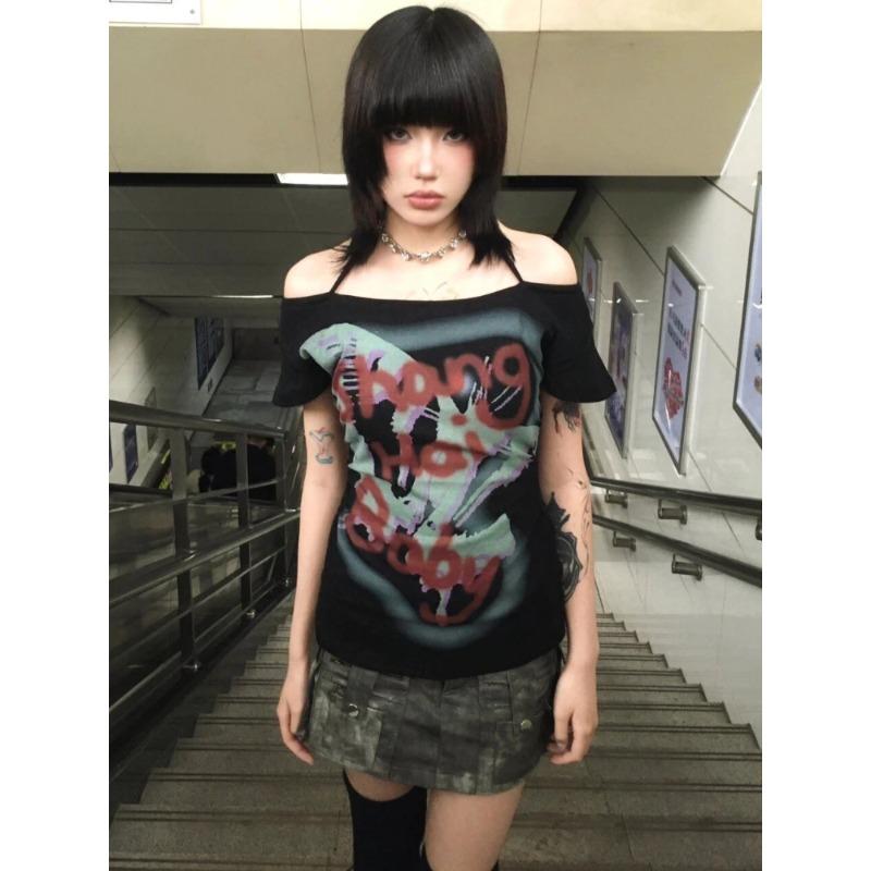 

Винтажные топы с бретельками через шею с буквенным принтом, женские сексуальные футболки с открытыми плечами, повседневная футболка Harajuku Bottoming, эстетические футболки в стиле гранж Y2k S чёрный