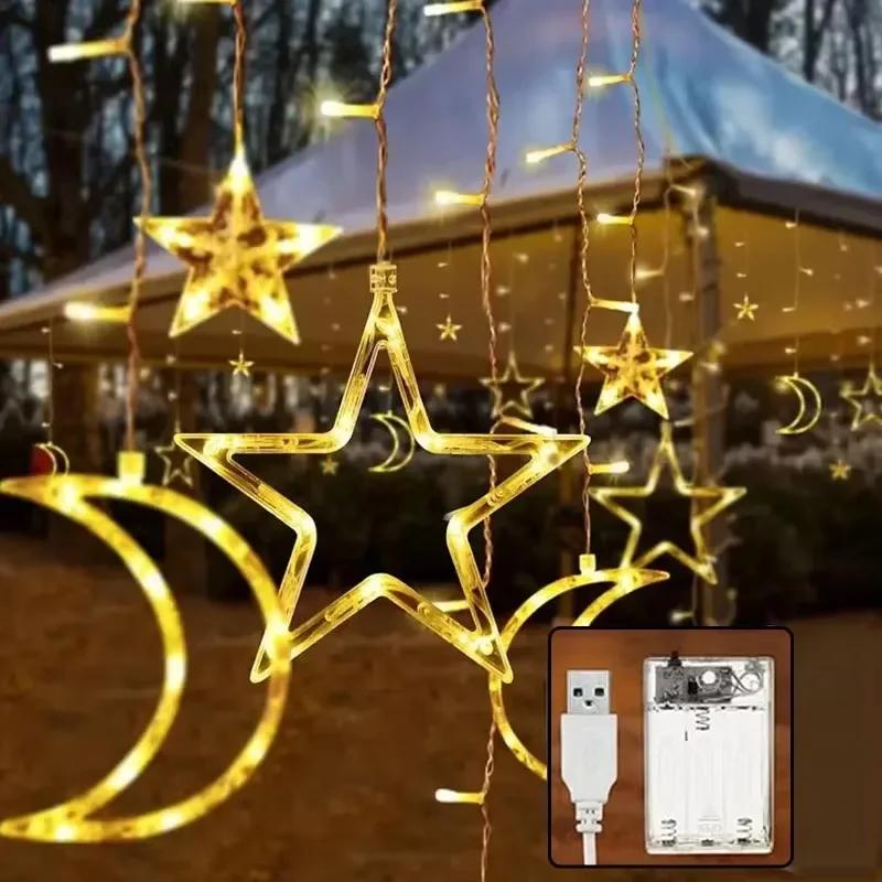 LED Solar/Battery Star Moon Fairy String Lights Waterproof Curtain Lamp with 8 Modes Timer Remote for Outdoor Home Party Decor