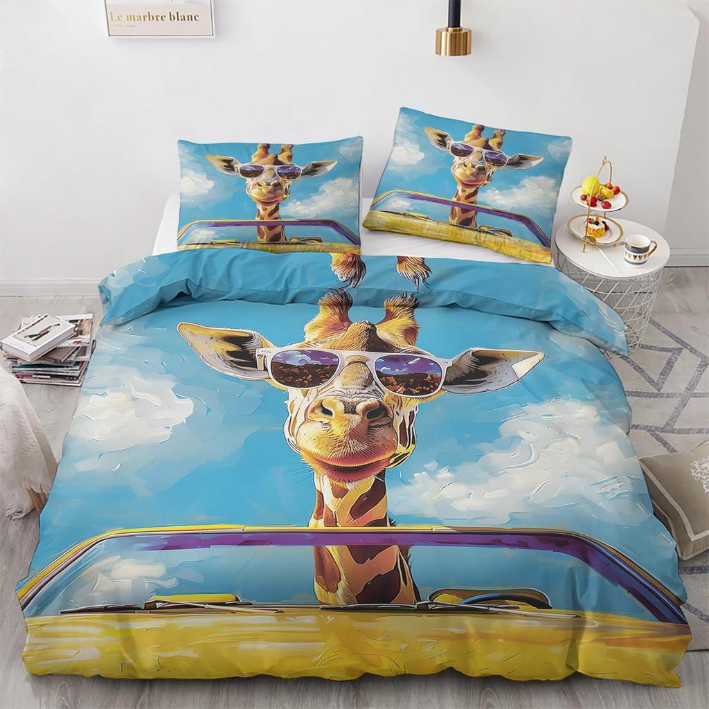 Funny Giraffe Duvet Cover King 3 Piece Colorful Animals Bedding Set, Soft Microfiber Graffiti Quilt Cover Set with Pillowcases