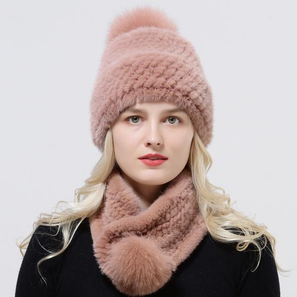 Zimowy Ciepły Damski Zestaw Czapka Szalik Dzianinowa Czapka z Pomponem Pokryta Futrem Norki Szalik z Naturalnego Futra Wysokiej Jakości