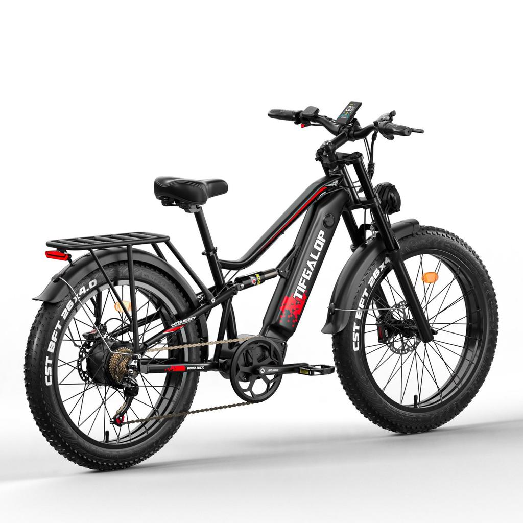 TIFGALOP Adult Electric Bike, 26-inch Mountain Bike, 750W Motor, 52V 19Ah Battery, 40-90km Range, Dual Suspension, Black