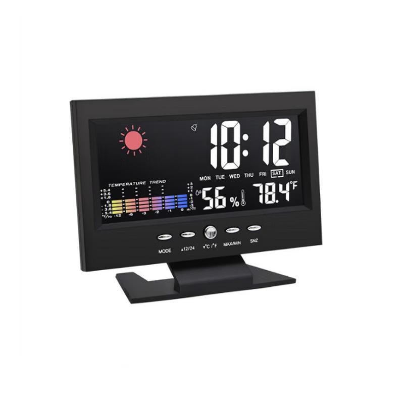 

Интеллектуальные погодные часы, цветной экран рабочего стола, метеорологический календарь, измеритель температуры и влажности, электронный будильник с голосовым управлением чёрный
